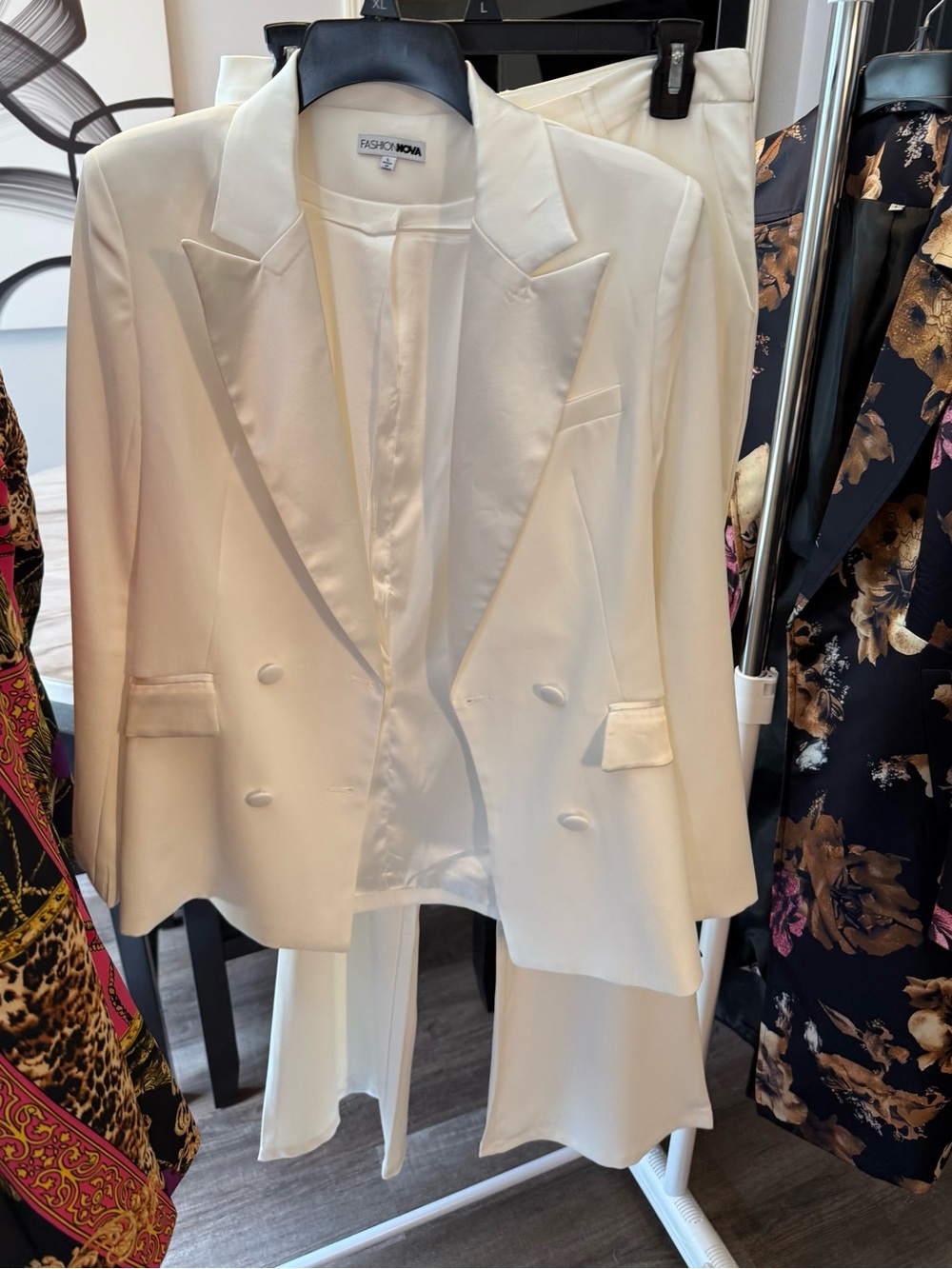 Fashion Nova White Sophisticated Tuxedo Satin Lapel Blazer & Pant set
